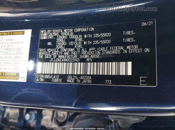 JTJJZKEAXM2022943 2021 LEXUS RX 350L Dark Blue 