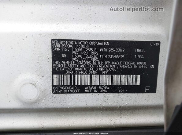 JTMA1RFV4KD018148 2019 TOYOTA LE White 