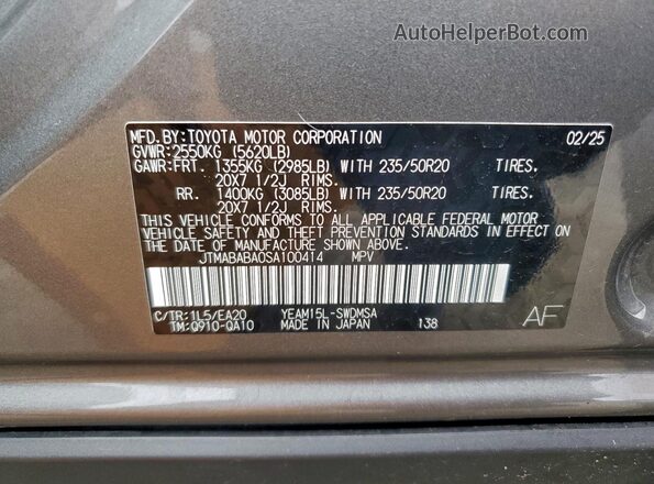 JTMABABA0SA100414 2025 SUBARU SOLTERRA Silver Widok naklejki z numerem VIN