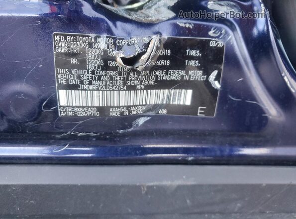 JTMDWRFV2LD542754 2020 TOYOTA LIMITED Blue VIN კოდის სტიკერის ხედი