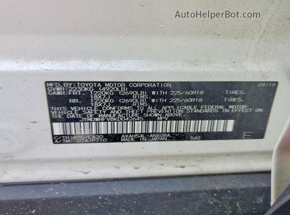 JTMDWRFV8KD042645 2019 TOYOTA LIMITED White 