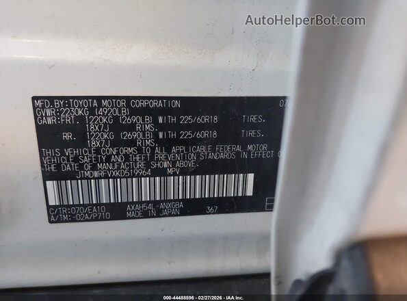 JTMDWRFVXKD519964 2019 TOYOTA LIMITED Белый 