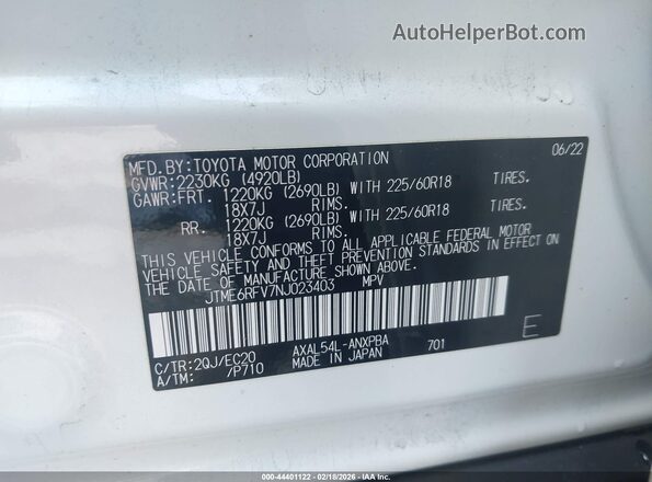 JTME6RFV7NJ023403 2022 TOYOTA RAV4 HYBRID Белый Вид подкапотного пространства