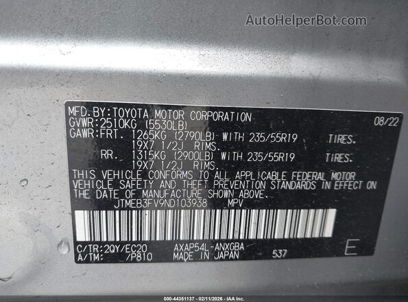 JTMEB3FV9ND103938 2022 TOYOTA RAV4 PRIME Silver Engine compartment view