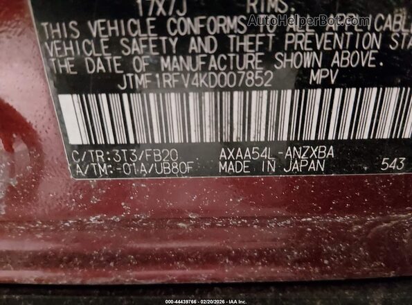 JTMF1RFV4KD007852 2019 TOYOTA LE Red 