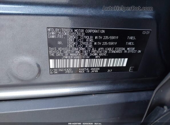 JTMFB3FV6ND078744 2022 TOYOTA RAV4 PRIME Gray Engine compartment view