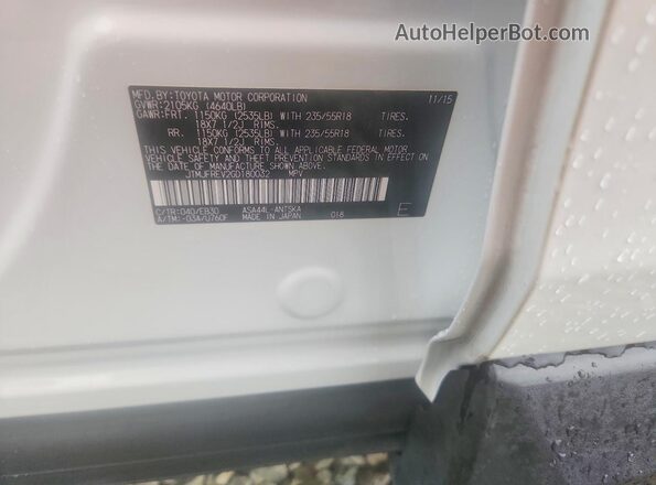 JTMJFREV2GD180032 2016 TOYOTA RAV4 White VIN sticker view