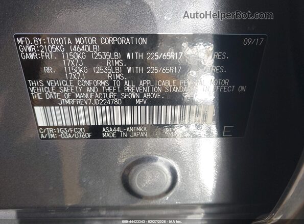 JTMRFREV7JD224780 2018 TOYOTA LE Gray Vista del compartimento del motor