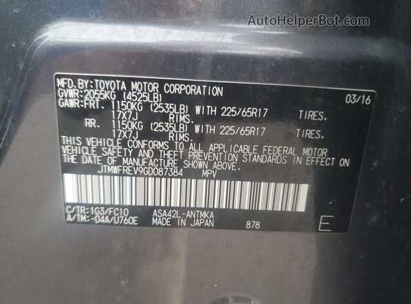 JTMWFREV9GD087384 2016 TOYOTA LE Charcoal Vista de la etiqueta del VIN