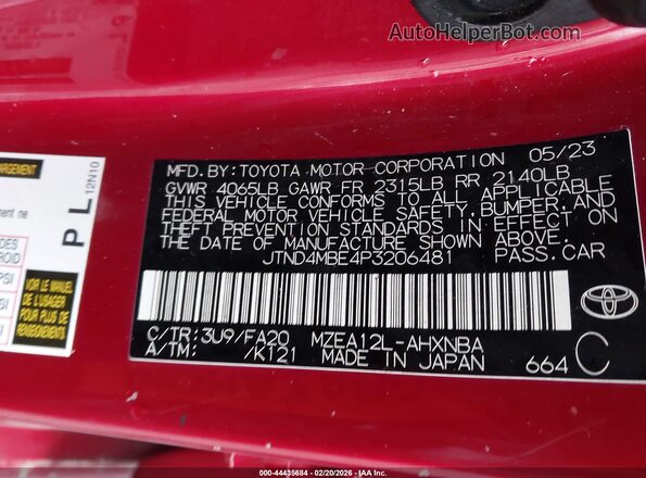 JTND4MBE4P3206481 2023 TOYOTA LL Red Engine compartment view