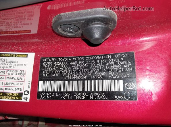 JTNKHMBX2M1114998 2021 TOYOTA C-HR Red Vista del compartimento del motor