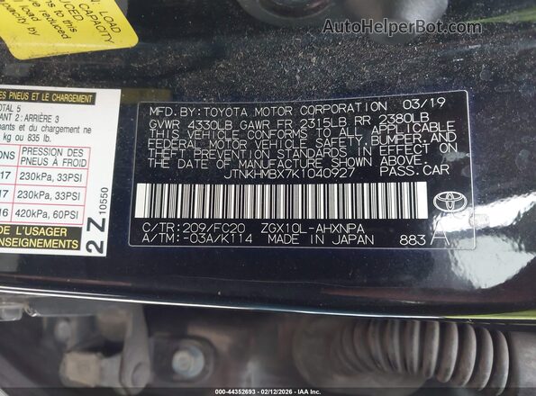 JTNKHMBX7K1040927 2019 TOYOTA LE Black Vista del compartimento del motor