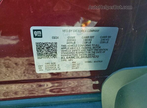 KL4AMCSL8RB207670 2024 BUICK ENCORE Red Widok naklejki z numerem VIN