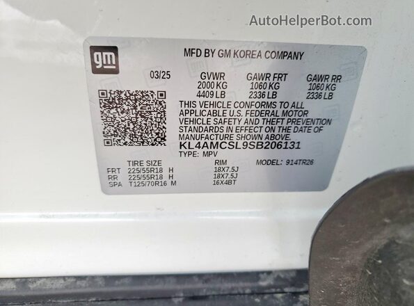 KL4AMCSL9SB206131 2025 BUICK ENCORE White VIN კოდის სტიკერის ხედი