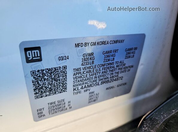 KL4AMDSL8RB204872 2024 BUICK ENCORE White Widok naklejki z numerem VIN