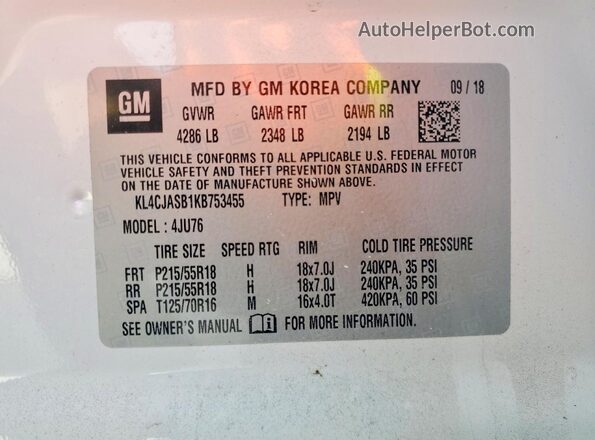 KL4CJASB1KB753455 2019 BUICK ENCORE White 