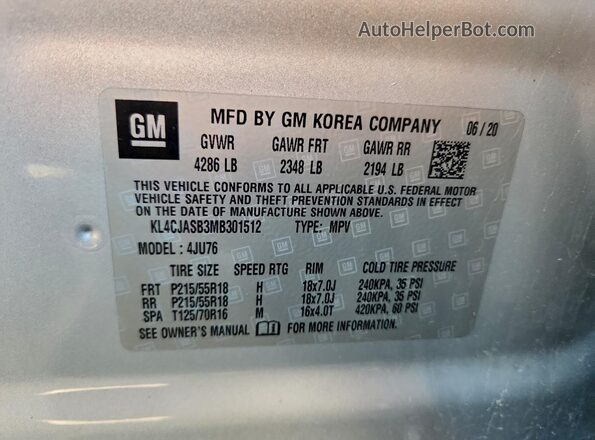KL4CJASB3MB301512 2021 BUICK ENCORE Silver 