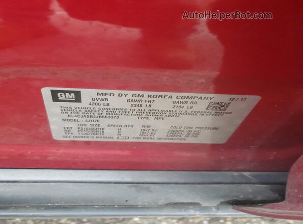 KL4CJASB4JB563373 2018 BUICK ENCORE Burgundy VIN կոդի պիտակի տեսք