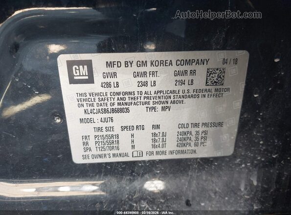 KL4CJASB6JB688035 2018 BUICK ENCORE Black ძრავის განყოფილების ხედი
