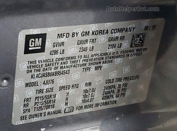 KL4CJASB6KB954543 2019 BUICK ENCORE Charcoal 