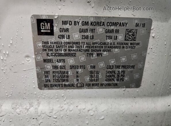 KL4CJCSB0JB695932 2018 BUICK ENCORE White 