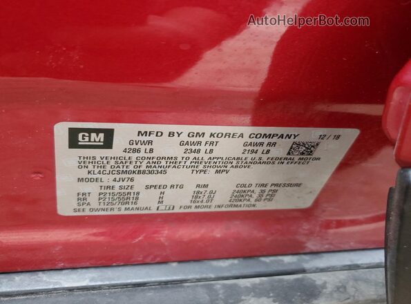 KL4CJCSM0KB830345 2019 BUICK ENCORE Red 
