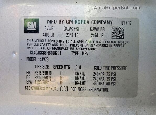KL4CJGSB8HB108281 2017 BUICK ENCORE Silver Widok wnętrza 360 stopni