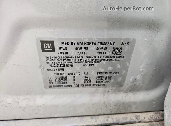 KL4CJGSBXJB627922 2018 BUICK ENCORE Silver VIN sticker view