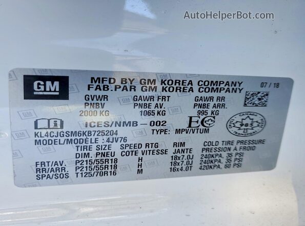 KL4CJGSM6KB725204 2019 BUICK ENCORE White 