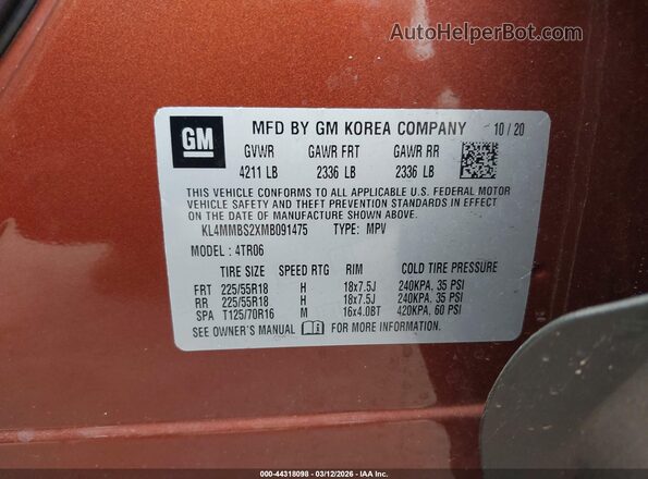 KL4MMBS2XMB091475 2021 BUICK ENCORE Orange Engine compartment view