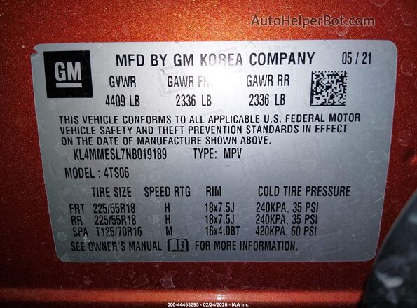 KL4MMESL7NB019189 2022 BUICK ENCORE Orange Vista del compartimento del motor
