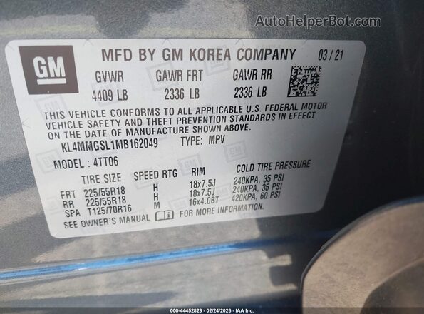 KL4MMGSL1MB162049 2021 BUICK ENCORE Gray Շարժիչի բաժամունքի տեսք