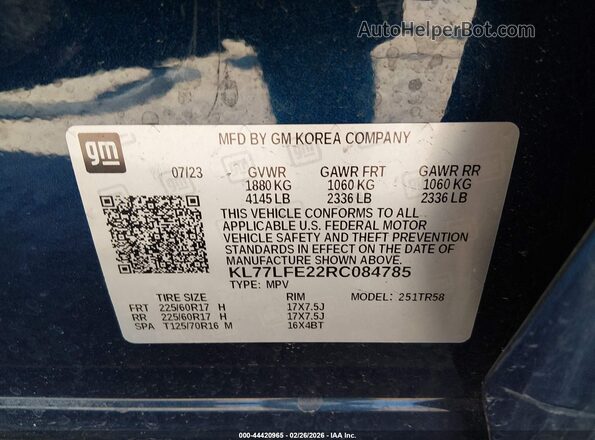 KL77LFE22RC084785 2024 CHEVROLET TRAX Blue Widok komory silnika
