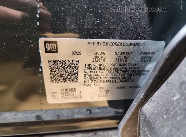 KL77LFEP4SC344914 2025 CHEVROLET TRAX Gray VIN sticker view