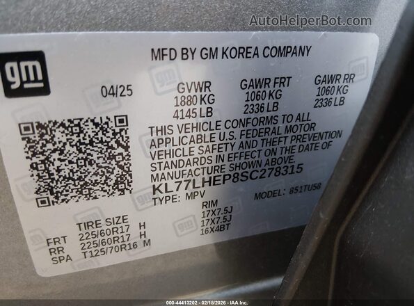 KL77LHEP8SC278315 2025 CHEVROLET TRAX Gray Вид підкапотного простору