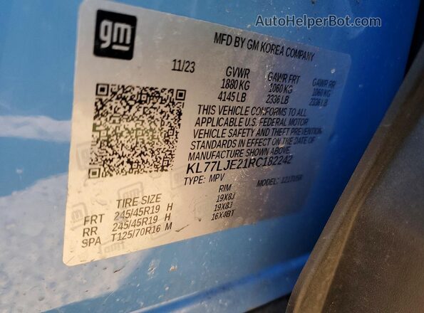 KL77LJE21RC182242 2024 CHEVROLET TRAX Blue Vista de la etiqueta del VIN