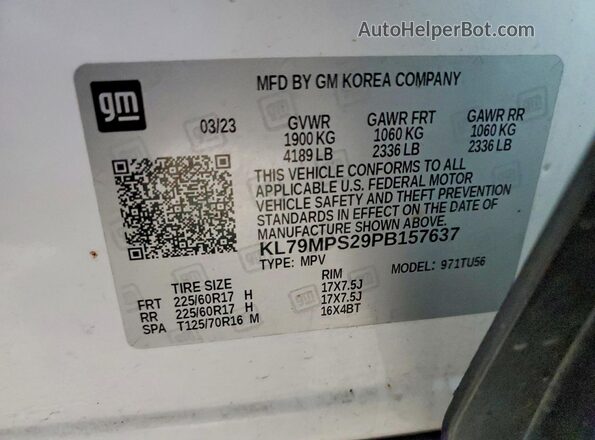 KL79MPS29PB157637 2023 CHEVROLET TRAILBLAZER White VIN կոդի պիտակի տեսք