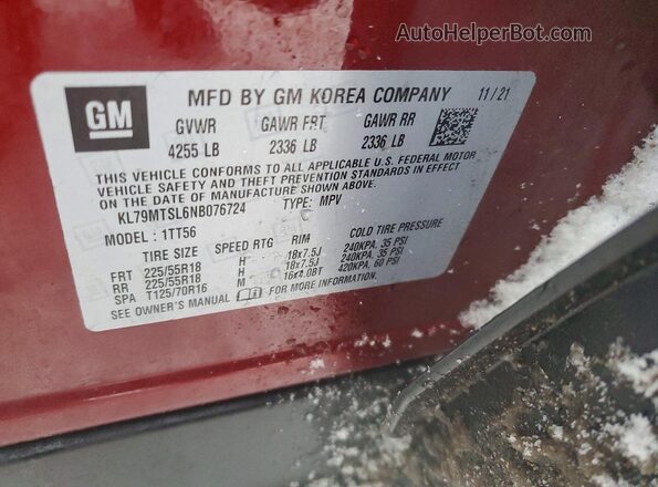KL79MTSL6NB076724 2022 CHEVROLET TRAILBLAZER Maroon VIN sticker view