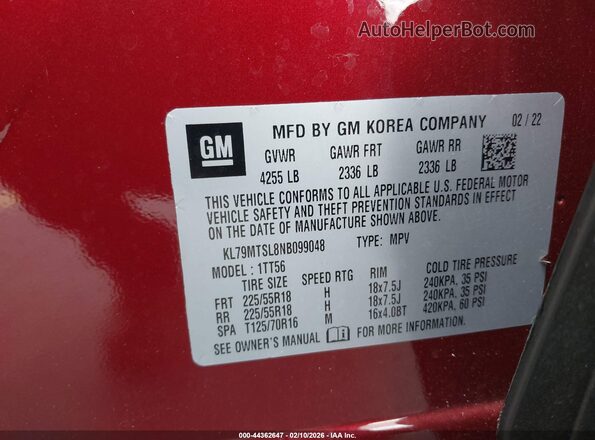 KL79MTSL8NB099048 2022 CHEVROLET TRAILBLAZER Burgundy Widok komory silnika