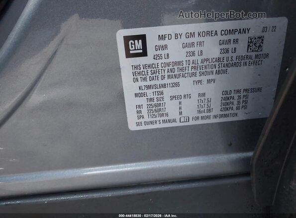 KL79MVSL6NB113265 2022 CHEVROLET TRAILBLAZER Gray ძრავის განყოფილების ხედი