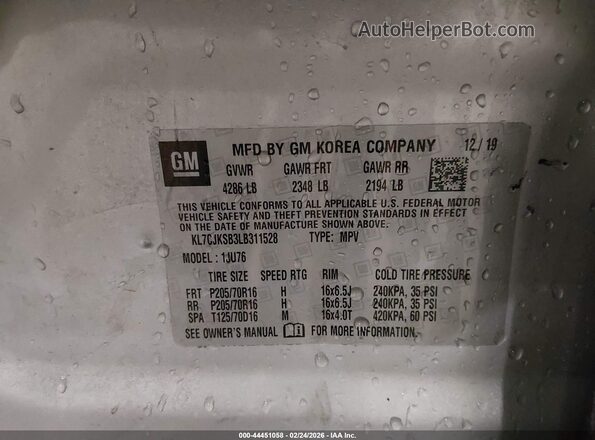 KL7CJKSB3LB311528 2020 CHEVROLET TRAX Silver Vista del compartimento del motor