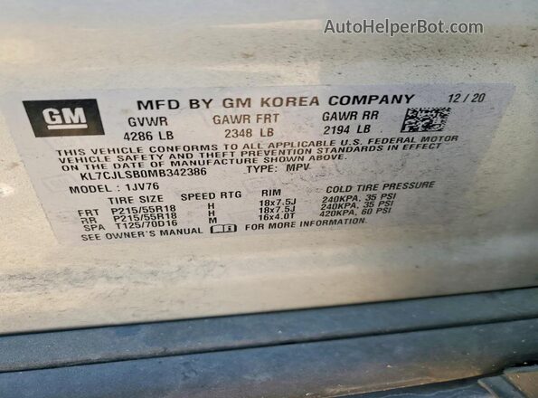 KL7CJLSB0MB342386 2021 CHEVROLET TRAX Silver Vista interior de 360 grados