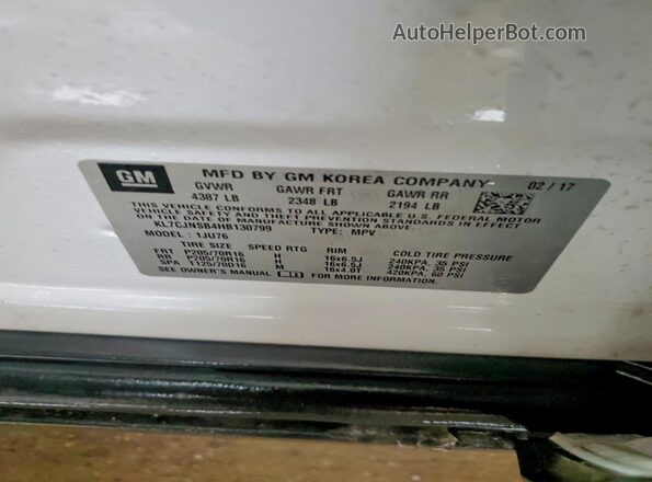 KL7CJNSB4HB130799 2017 CHEVROLET TRAX White VIN կոդի պիտակի տեսք