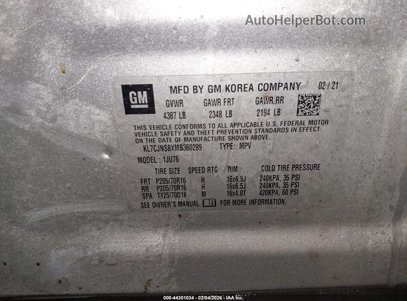 KL7CJNSBXMB360289 2021 CHEVROLET TRAX Silver ძრავის განყოფილების ხედი
