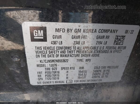 KL7CJNSM2NB553622 2022 CHEVROLET TRAX Black Vista del compartimento del motor