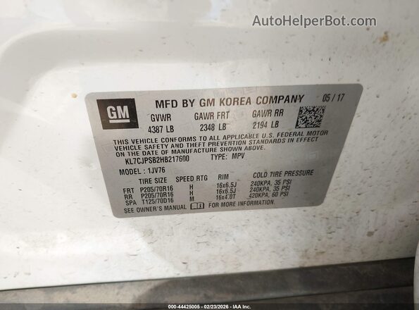 KL7CJPSB2HB217600 2017 CHEVROLET TRAX White 