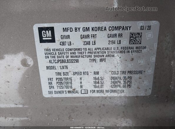 KL7CJPSB6LB332290 2020 CHEVROLET TRAX Brown Вид підкапотного простору