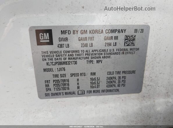 KL7CJPSB6MB321730 2021 CHEVROLET TRAX White ძრავის განყოფილების ხედი