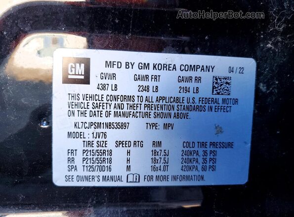 KL7CJPSM1NB535897 2022 CHEVROLET TRAX Black 