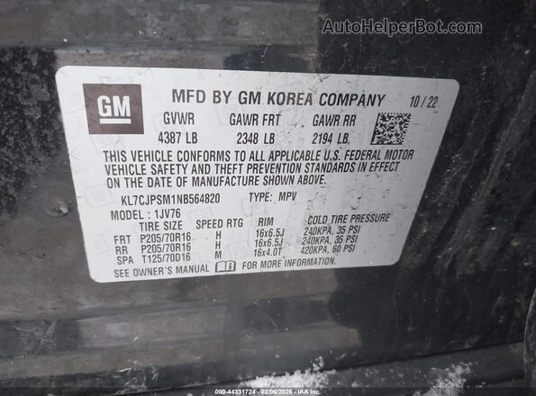 KL7CJPSM1NB564820 2022 CHEVROLET TRAX Black Engine compartment view